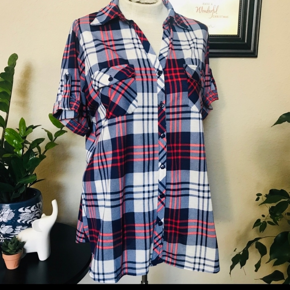 Rnb plaid top size 2x blue red white womens